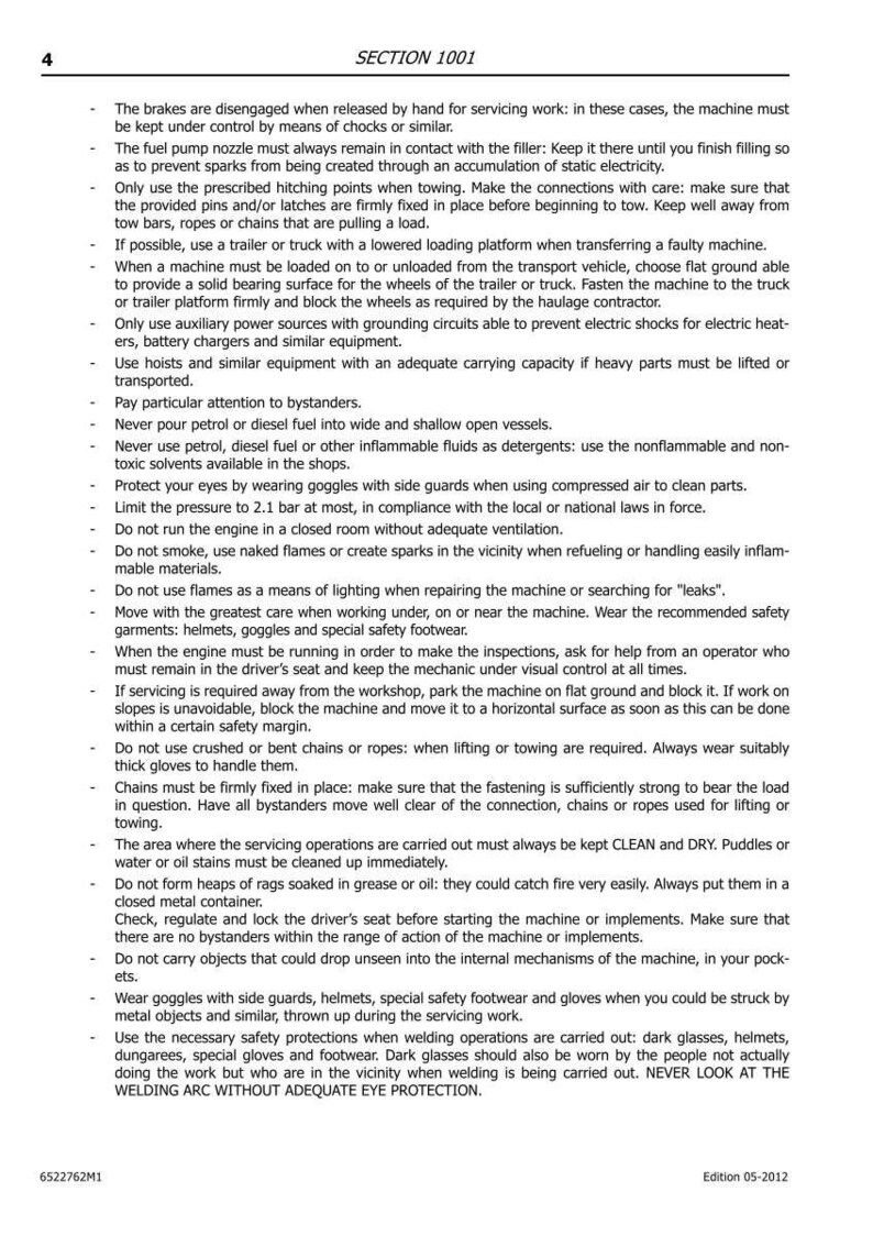 May include: A page from a manual titled "SECTION 1001" with safety guidelines. The text is black on a white background, covering topics like fuel handling, towing, and eye protection. Edition 05-2012 is noted.