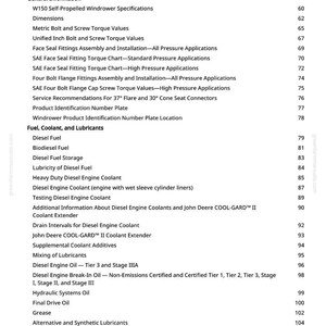May include: A detailed table of contents from a manual, listing topics such as safety signs, windrower specifications, torque values, and fuel types. The page numbers are listed on the right side.