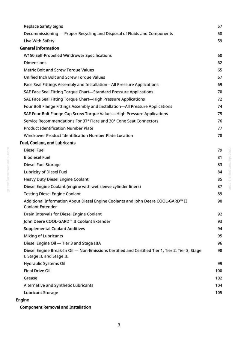 May include: A detailed table of contents from a manual, listing topics such as safety signs, windrower specifications, torque values, and fuel types. The page numbers are listed on the right side.
