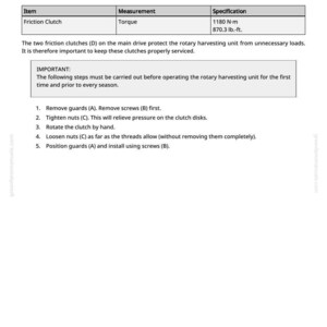 May include: A technical document with the title "KM1000041-UN: General Inspection." The document includes a table with specifications for a friction clutch, including torque measurements in lb.-ft. and N-m, and instructions for maintenance.