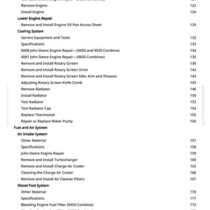 Op de afbeelding: Een pagina uit een handleiding met motorreparatieprocedures en specificaties. Secties omvatten koel-, brandstof- en luchtsystemen, met instructies voor John Deere-motoren. De tekst is zwart op een witte achtergrond.