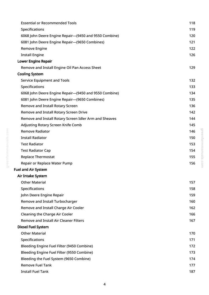 Op de afbeelding: Een pagina uit een handleiding met motorreparatieprocedures en specificaties. Secties omvatten koel-, brandstof- en luchtsystemen, met instructies voor John Deere-motoren. De tekst is zwart op een witte achtergrond.