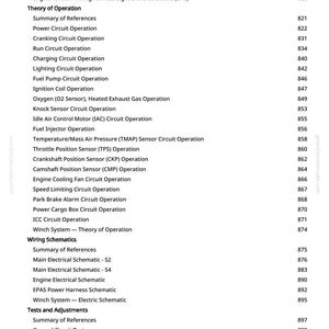 May include: A detailed page from a manual, listing automotive electrical system topics. Topics include circuit operations, wiring schematics, and tests. The page is white with black text and includes a website address.