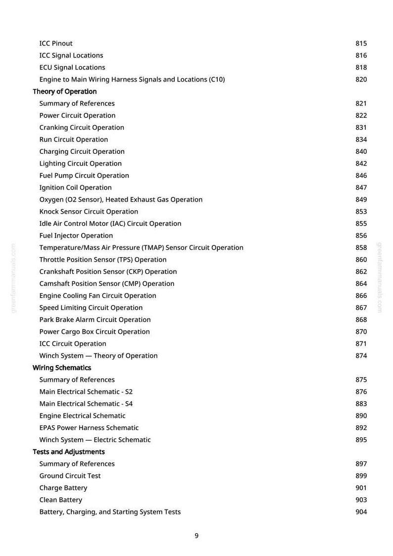 May include: A detailed page from a manual, listing automotive electrical system topics. Topics include circuit operations, wiring schematics, and tests. The page is white with black text and includes a website address.