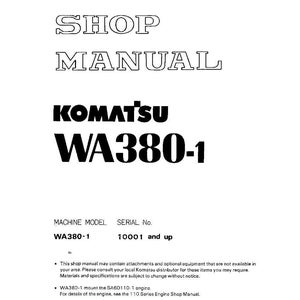 K&ouml;nnte beinhalten: Ein wei&szlig;es Werkstatthandbuch mit schwarzem Text. Der Titel "SHOP MANUAL" steht oben, gefolgt von "KOMATSU WA380-1". Maschinenmodell und Seriennummer sind unten aufgef&uuml;hrt. Das Handbuch enth&auml;lt Text zu Anbauteilen und Motordetails.