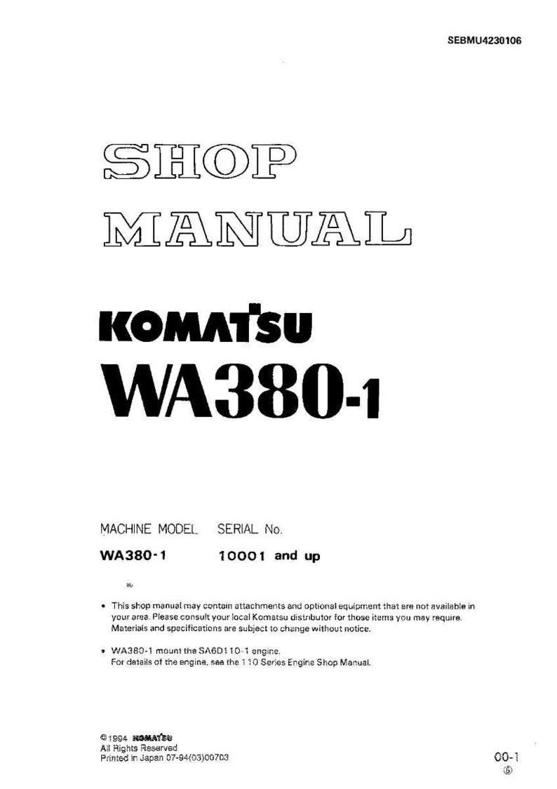 K&ouml;nnte beinhalten: Ein wei&szlig;es Werkstatthandbuch mit schwarzem Text. Der Titel "SHOP MANUAL" steht oben, gefolgt von "KOMATSU WA380-1". Maschinenmodell und Seriennummer sind unten aufgef&uuml;hrt. Das Handbuch enth&auml;lt Text zu Anbauteilen und Motordetails.
