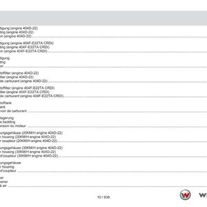 May include: A page from a Weidemann manual, featuring a table of contents in German, English, and French. The document lists engine components like fuel filters, fuel tanks, and clutch housings. The Weidemann logo is visible at the bottom.
