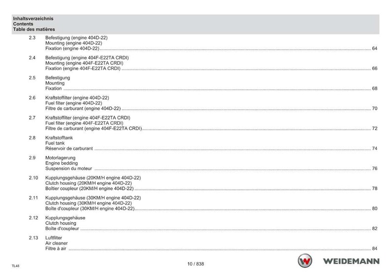 May include: A page from a Weidemann manual, featuring a table of contents in German, English, and French. The document lists engine components like fuel filters, fuel tanks, and clutch housings. The Weidemann logo is visible at the bottom.