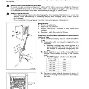 K&ouml;nnte beinhalten: Diagramm eines Abw&auml;rtstransformators mit Beschriftungen f&uuml;r Leistungsschalter, Kabel und Tap-Auswahl. Enth&auml;lt eine Tabelle mit Prim&auml;rspannung und Taps. Text enth&auml;lt Installations- und Sicherheitshinweise.
