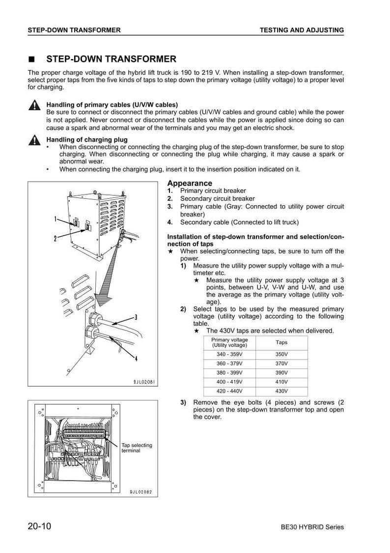K&ouml;nnte beinhalten: Diagramm eines Abw&auml;rtstransformators mit Beschriftungen f&uuml;r Leistungsschalter, Kabel und Tap-Auswahl. Enth&auml;lt eine Tabelle mit Prim&auml;rspannung und Taps. Text enth&auml;lt Installations- und Sicherheitshinweise.