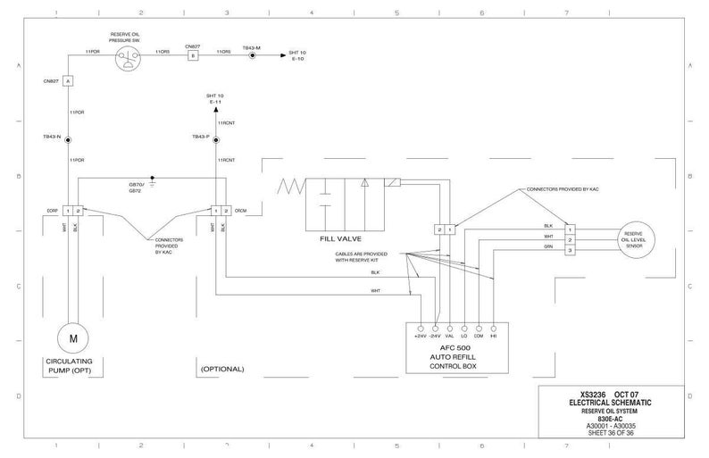 May include: Electrical schematic diagram of a reserve oil system, featuring a circulating pump, fill valve, and AFC 500 auto refill control box. The diagram includes labels and connectors, with a reserve oil level sensor. The schematic is labeled XS3236, Oct 07.