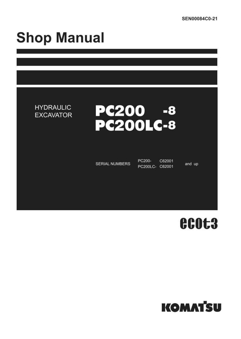 Pu&ograve; includere: Manuale di officina per un escavatore idraulico, con i numeri di modello PC200-8 e PC200LC-8. La copertina &egrave; bianca con testo nero e uno sfondo nero per le informazioni sul modello. Il logo Komatsu &egrave; in basso.