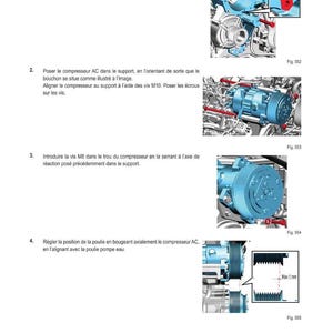 Pu&ograve; includere: Diagramma dei passaggi per l'installazione di un compressore per aria condizionata. Include immagini del compressore e dei suoi componenti, con istruzioni testuali in francese. Il diagramma mostra il posizionamento e l'allineamento del compressore.