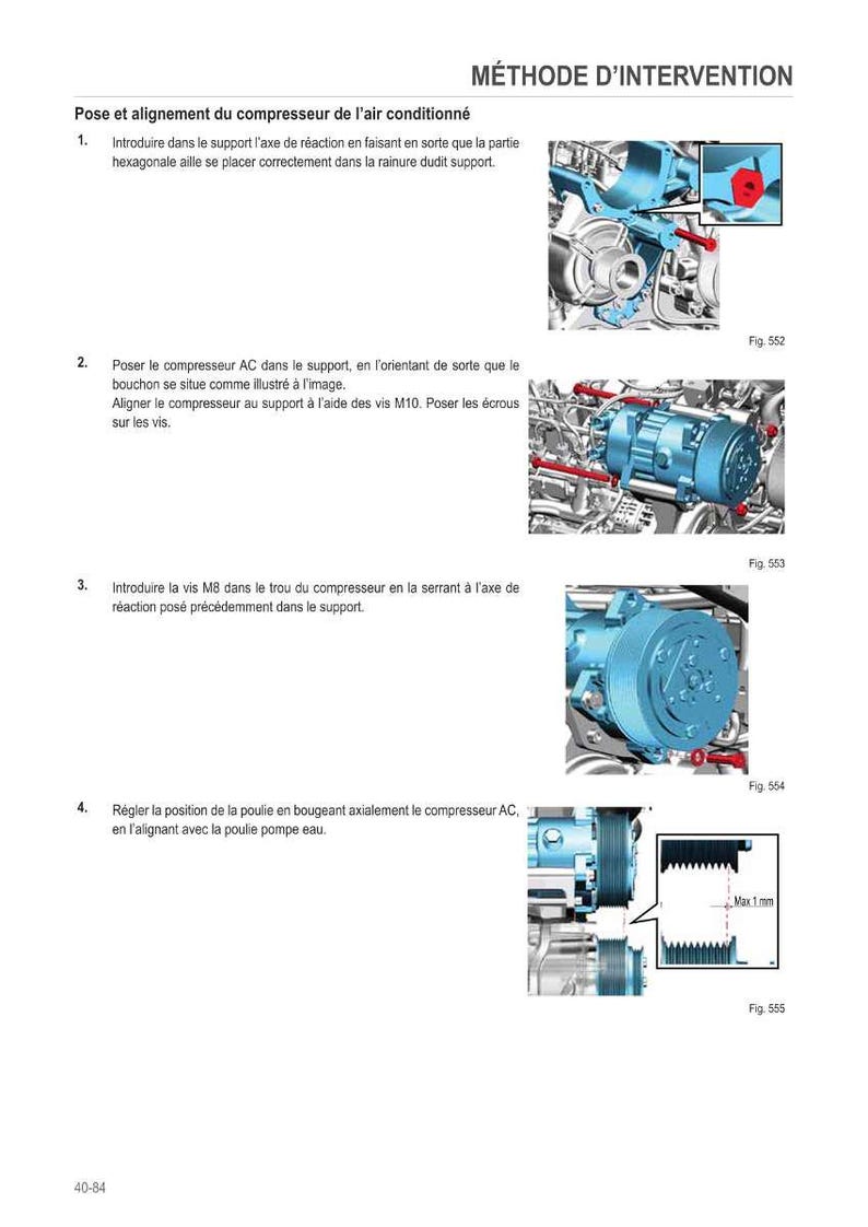 Pu&ograve; includere: Diagramma dei passaggi per l'installazione di un compressore per aria condizionata. Include immagini del compressore e dei suoi componenti, con istruzioni testuali in francese. Il diagramma mostra il posizionamento e l'allineamento del compressore.