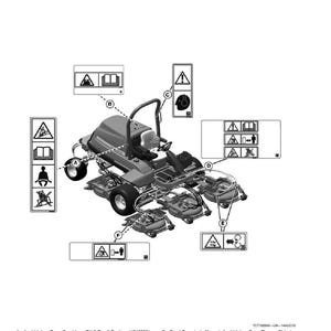 May include: Diagram of a riding lawn mower with safety labels. The labels warn against crushing, equipment fires, loud noise exposure, tipping, rotating blades, and thrown objects. Text at the bottom lists safety warnings.