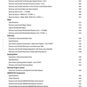 May include: A page from a manual with a list of automotive repair procedures. The text includes instructions for removing and installing various components, such as sensors, alternators, and wiper motors. The page is from greenfammanuals.com.