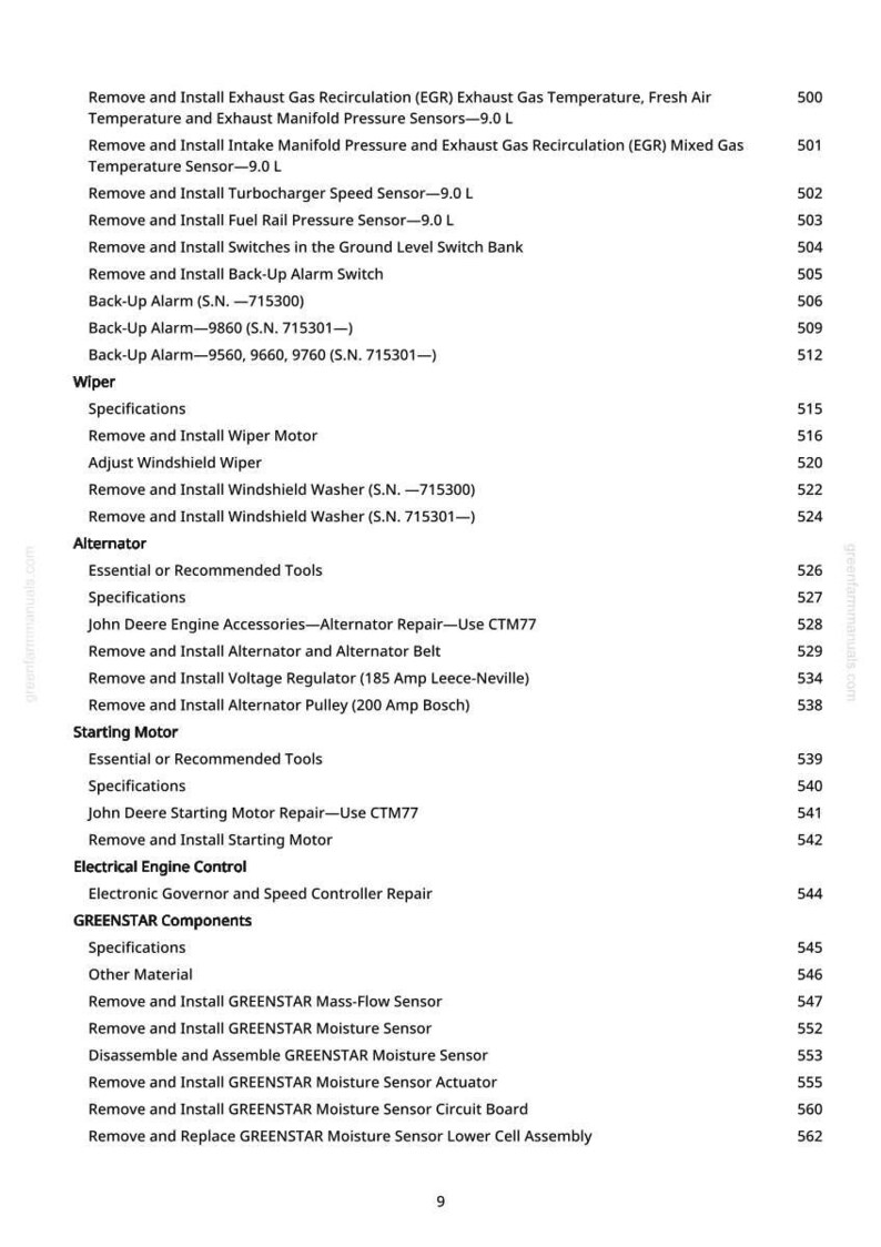 May include: A page from a manual with a list of automotive repair procedures. The text includes instructions for removing and installing various components, such as sensors, alternators, and wiper motors. The page is from greenfammanuals.com.