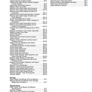 May include: A detailed table of contents from a manual, with a white background and black text. The document lists various mechanical procedures, including replacing belts, checking wear, and installing components for a mower-conditioner.