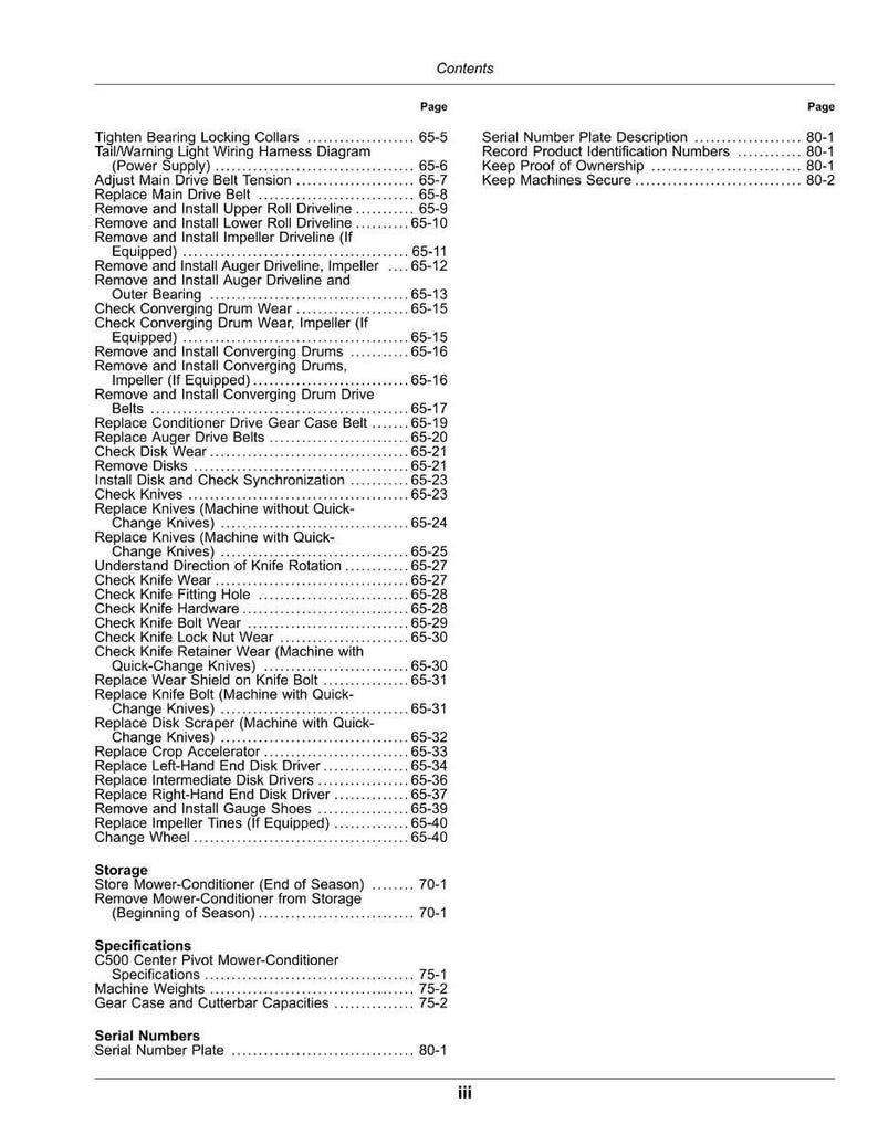 May include: A detailed table of contents from a manual, with a white background and black text. The document lists various mechanical procedures, including replacing belts, checking wear, and installing components for a mower-conditioner.