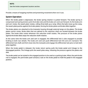 K&ouml;nnte beinhalten: Eine Seite mit dem Titel "Bremsensystembetrieb" mit Text, der die Funktion und den Betrieb des Bremssystems erkl&auml;rt. Der Text enth&auml;lt Details zu Bremspedal, Federspanner, Bremsstangen und Bremsscheiben. Die Seite enth&auml;lt auch einen Hinweis, um den Abschnitt zur Lage der Bremskomponenten zu sehen.