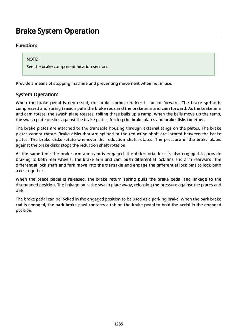 K&ouml;nnte beinhalten: Eine Seite mit dem Titel "Bremsensystembetrieb" mit Text, der die Funktion und den Betrieb des Bremssystems erkl&auml;rt. Der Text enth&auml;lt Details zu Bremspedal, Federspanner, Bremsstangen und Bremsscheiben. Die Seite enth&auml;lt auch einen Hinweis, um den Abschnitt zur Lage der Bremskomponenten zu sehen.