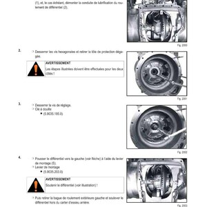 Op de afbeelding: Diagram van een differentieel demontageprocedure, met stapsgewijze instructies en bijbehorende afbeeldingen. Bevat waarschuwingen en onderdeelnummers. De afbeeldingen tonen de interne componenten van het differentieel.