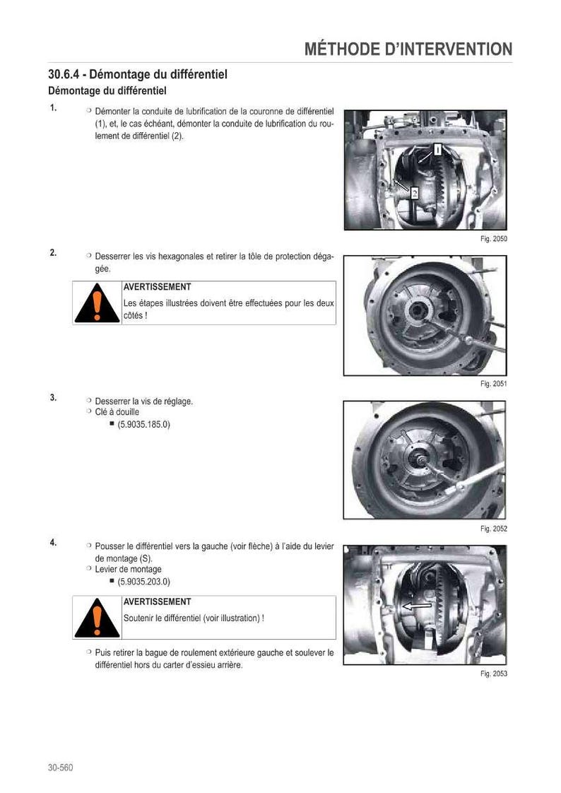 Op de afbeelding: Diagram van een differentieel demontageprocedure, met stapsgewijze instructies en bijbehorende afbeeldingen. Bevat waarschuwingen en onderdeelnummers. De afbeeldingen tonen de interne componenten van het differentieel.
