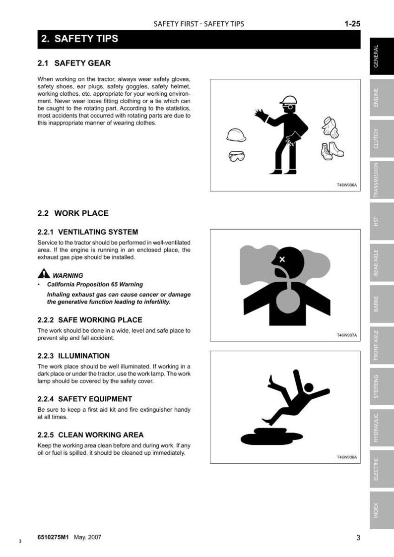 Pode incluir: P&aacute;gina de um manual de seguran&ccedil;a com o t&iacute;tulo "Safety First - Safety Tips". A p&aacute;gina inclui diretrizes de seguran&ccedil;a e ilustra&ccedil;&otilde;es para trabalhar com m&aacute;quinas, incluindo equipamentos, local de trabalho e equipamentos.