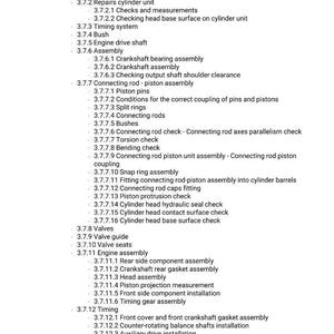 May include: A detailed list of engine repair procedures and components, including disassembly and assembly steps for various parts like the oil pump, crankshaft, and cylinder head. The text is in black font on a white background.