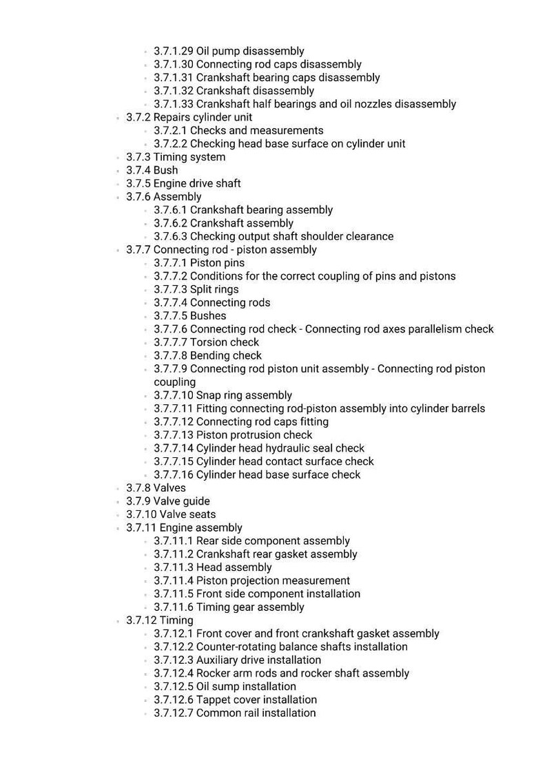 May include: A detailed list of engine repair procedures and components, including disassembly and assembly steps for various parts like the oil pump, crankshaft, and cylinder head. The text is in black font on a white background.
