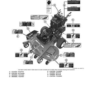 Puede incluir: Diagrama de un cortac&eacute;sped con etiquetas de seguridad. Las etiquetas est&aacute;n marcadas con letras e incluyen advertencias y precauciones. El texto de las etiquetas est&aacute; en ingl&eacute;s y espa&ntilde;ol.