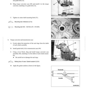 K&ouml;nnte beinhalten: Diagramm zur Demontage und Montage des Antriebsstrangs. Das Bild enth&auml;lt Anweisungen und Diagramme f&uuml;r die Drehmomentwandlerbaugruppe, einschlie&szlig;lich der Installation von F&uuml;hrungsbolzen und dem Anziehen von Befestigungsbolzen. Der Text enth&auml;lt Messungen in Nm und lbf ft.