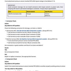 May include: A technical document with instructions for checking a front attachment pilot pressure sensor. Includes a table with torque specifications of 10 N-m (89 lb-in) for a 100-pin connector. The document details connector checks and troubleshooting steps.
