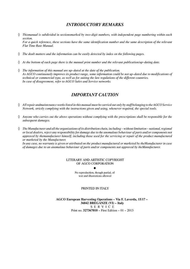 Puede incluir: Un manual impreso con los t&iacute;tulos &laquo;INTRODUCTORY REMARKS&raquo; y &laquo;IMPORTANT CAUTION&raquo;. El texto detalla la estructura del manual, las actualizaciones y la informaci&oacute;n de derechos de autor. La parte inferior de la p&aacute;gina muestra la direcci&oacute;n de AGCO European Harvesting Operations.