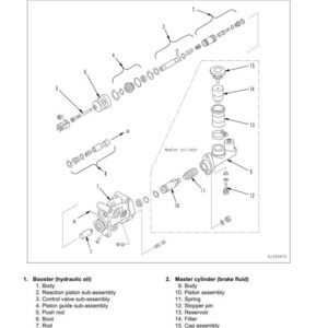 May include: Detailed technical diagram of a clutch booster and master cylinder, labeled with part numbers and names. The diagram includes components like the body, piston assembly, spring, and reservoir, essential for automotive brake systems.