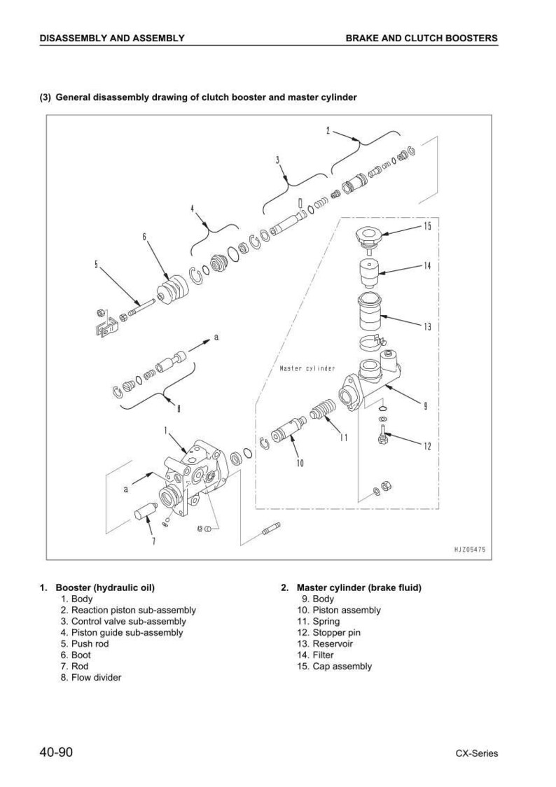 May include: Detailed technical diagram of a clutch booster and master cylinder, labeled with part numbers and names. The diagram includes components like the body, piston assembly, spring, and reservoir, essential for automotive brake systems.