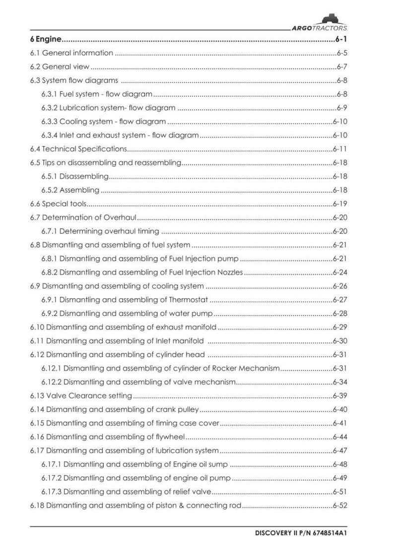 May include: A detailed table of contents from a manual for a Discovery II vehicle, with sections on engine components, including fuel, cooling, and lubrication systems. The document is printed on white paper with black text and includes the ARGO TRACTORS logo.