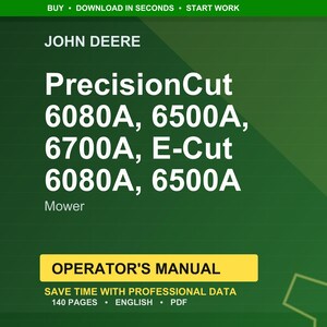 Pode incluir: Um fundo verde apresenta o logotipo da John Deere e o texto "PrecisionCut", seguido pelos n&uacute;meros dos modelos de cortadores de relva. Uma faixa amarela abaixo diz "Manual do Operador". O manual cont&eacute;m 140 p&aacute;ginas e est&aacute; em ingl&ecirc;s.