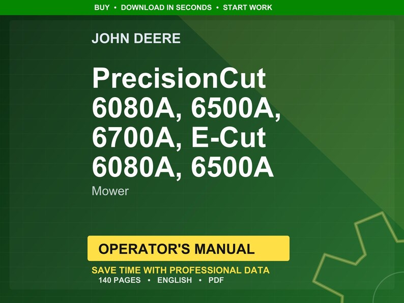 Pode incluir: Um fundo verde apresenta o logotipo da John Deere e o texto "PrecisionCut", seguido pelos n&uacute;meros dos modelos de cortadores de relva. Uma faixa amarela abaixo diz "Manual do Operador". O manual cont&eacute;m 140 p&aacute;ginas e est&aacute; em ingl&ecirc;s.