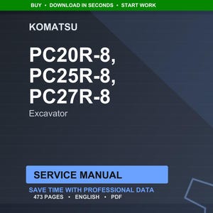 Pu&ograve; includere: Un manuale di servizio digitale per escavatori Komatsu, inclusi i modelli PC20R-8, PC25R-8 e PC27R-8. Il manuale &egrave; etichettato come "Manuale di servizio" e contiene 473 pagine di dati professionali in inglese e formato PDF.