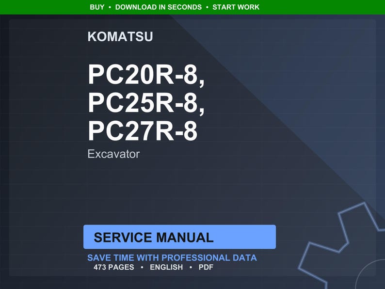 Pu&ograve; includere: Un manuale di servizio digitale per escavatori Komatsu, inclusi i modelli PC20R-8, PC25R-8 e PC27R-8. Il manuale &egrave; etichettato come "Manuale di servizio" e contiene 473 pagine di dati professionali in inglese e formato PDF.