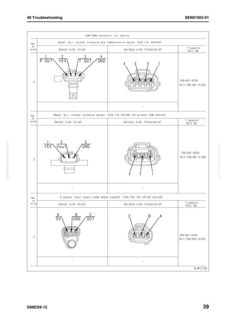 Op de afbeelding: Diagram van motorsensoren en connectoren, inclusief boost fair inlaatdruk- en temperatuursensoren en G-sensor. Het diagram bevat labels zoals "P OUT", "+5V", "DUT" en "GND".