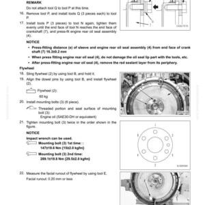 K&ouml;nnte beinhalten: Diagramm aus einem Handbuch, das den Aus- und Einbau des hinteren Motor&ouml;ldichtrings detailliert. Enth&auml;lt Abbildungen von Werkzeugen und Komponenten, mit Messungen in Nm und kgfm. Der Text enth&auml;lt Schritt-f&uuml;r-Schritt-Anleitungen.