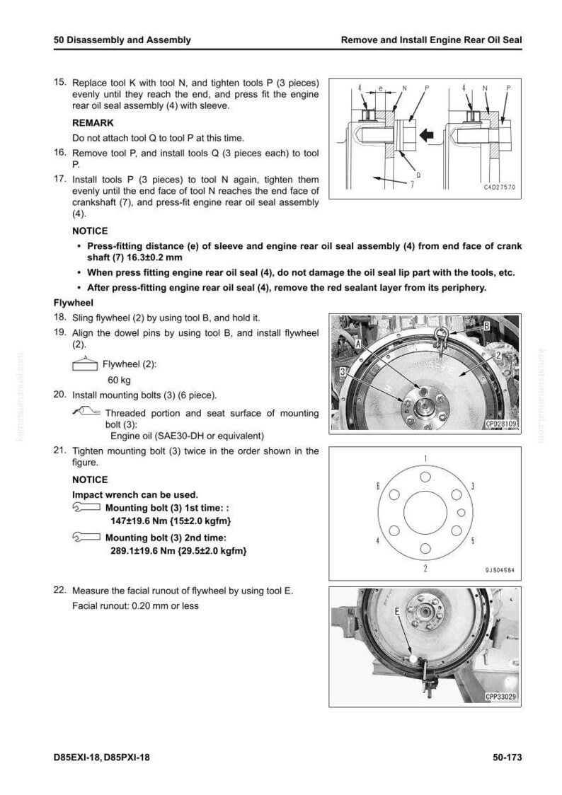 K&ouml;nnte beinhalten: Diagramm aus einem Handbuch, das den Aus- und Einbau des hinteren Motor&ouml;ldichtrings detailliert. Enth&auml;lt Abbildungen von Werkzeugen und Komponenten, mit Messungen in Nm und kgfm. Der Text enth&auml;lt Schritt-f&uuml;r-Schritt-Anleitungen.