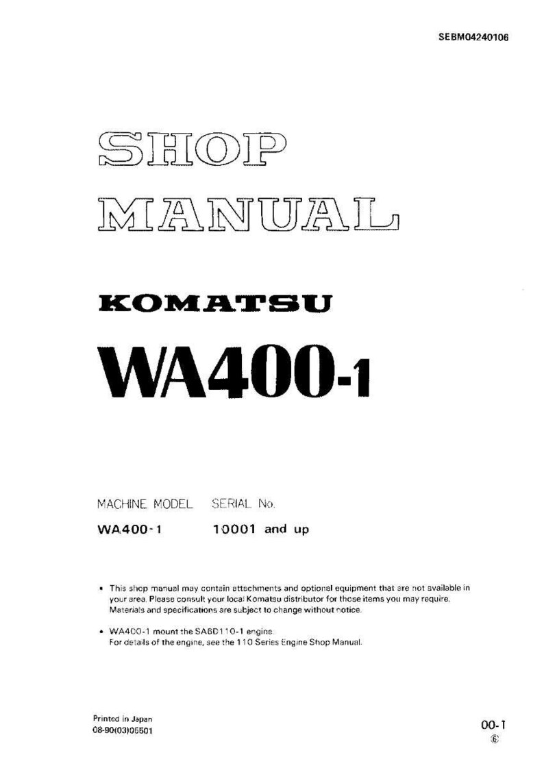 May include: A white shop manual featuring the text "SHOP MANUAL" in a decorative font. The manual displays "KOMATSU WA400-1" below. It includes the machine model WA400-1 and serial numbers 10001 and up.