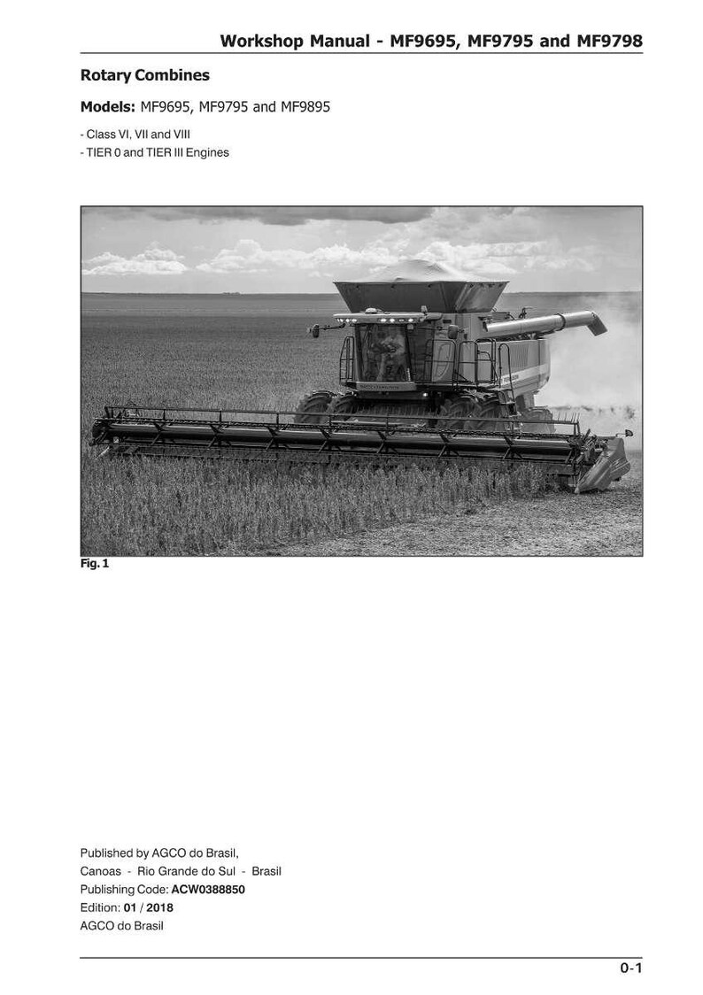 May include: Black and white image of a rotary combine harvester in a field. The image is from a workshop manual for MF9695, MF9795, and MF9798 models. The manual includes information on the engines and classes of the combines.