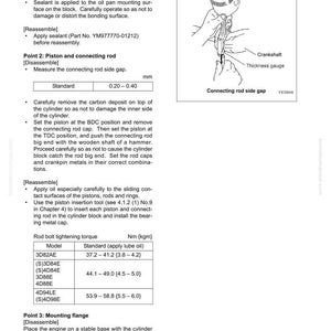 May include: Diagram from a manual detailing engine disassembly and inspection procedures. Includes text, illustrations of tools, and measurements in millimetres for connecting rod side gap.