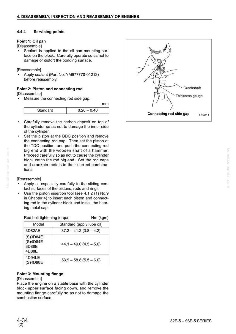 May include: Diagram from a manual detailing engine disassembly and inspection procedures. Includes text, illustrations of tools, and measurements in millimetres for connecting rod side gap.