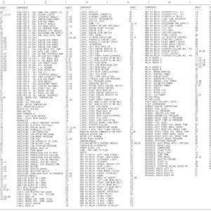 Pu&ograve; includere: Un dettagliato foglio di localizzazione dei componenti dello schema elettrico, con un elenco completo di componenti automobilistici. Il documento &egrave; stampato in bianco e nero, con testo organizzato in colonne e righe. Il foglio include il titolo "ELECTRICAL SCHEMATIC COMPONENT LOCATOR SHEET".