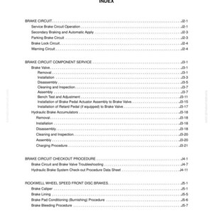 May include: A page from a manual titled "BRAKE CIRCUIT INDEX" with a list of brake-related topics. The text is black on a white background. Topics include brake circuit operation, brake valve, and brake caliper.